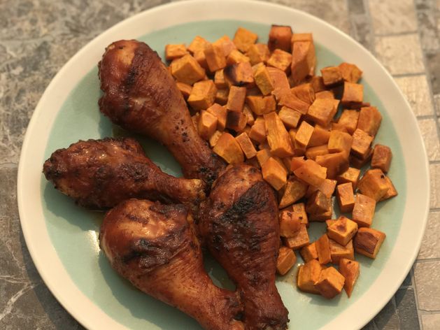 BBQ Chicken Drumsticks and Sweet Potatoes wide display