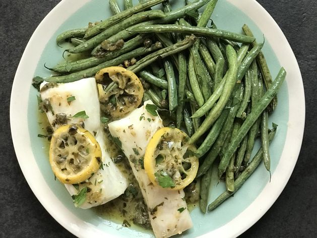Halibut and Green Beans with Lemon Caper Sauce wide display