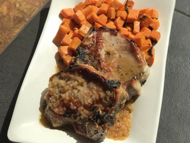 Pork Chops and Sweet Potatoes with Apple Cider Sauce wide display