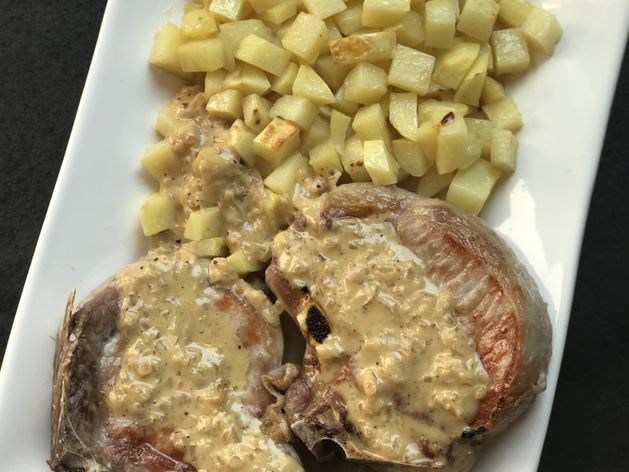 Pork Chops with Mustard Cream Sauce and Potatoes wide display