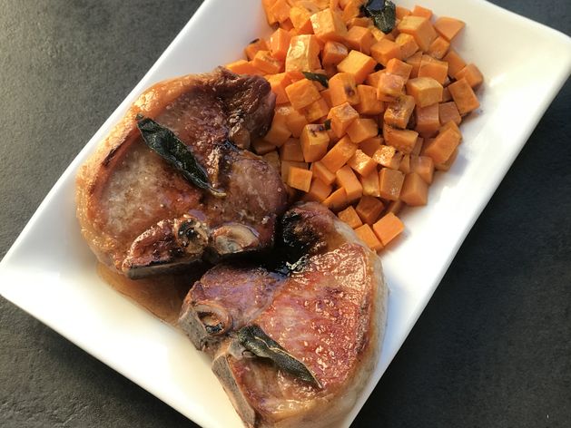 Pork Chops and Sweet Potatoes with Sage Brown Butter Sauce wide display