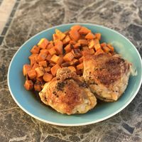 Chicken Thighs and Sweet Potatoes with Maple Black Pepper Sauce