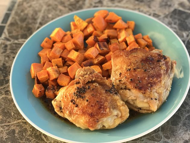 Chicken Thighs and Sweet Potatoes with Maple Black Pepper Sauce wide display