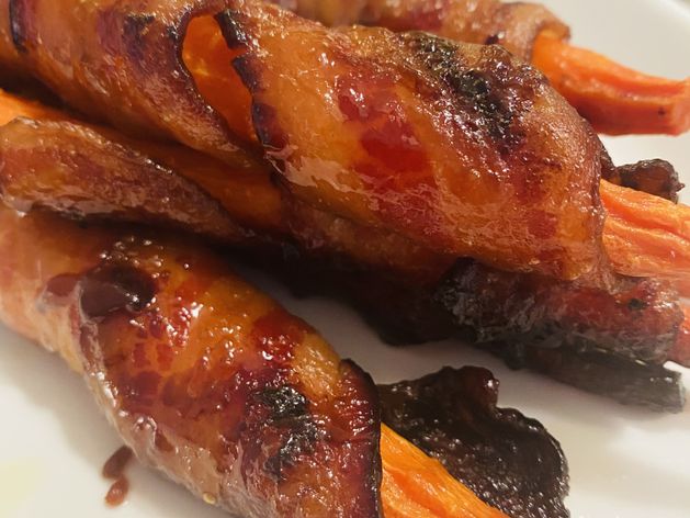 Brown Sugar Glazed Bacon Wrapped Roasted Carrots wide display