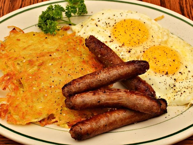 Poached Eggs, Hashbrowns, and Sausage Links wide display
