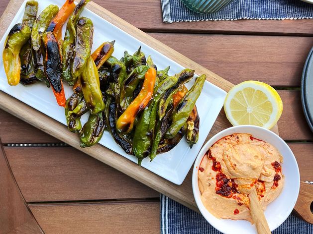 Blistered Shishito Peppers with Crunchy Garlic Dipping Sauce