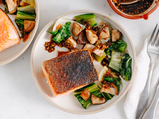 Salmon, Bok Choy, and Shiitakes