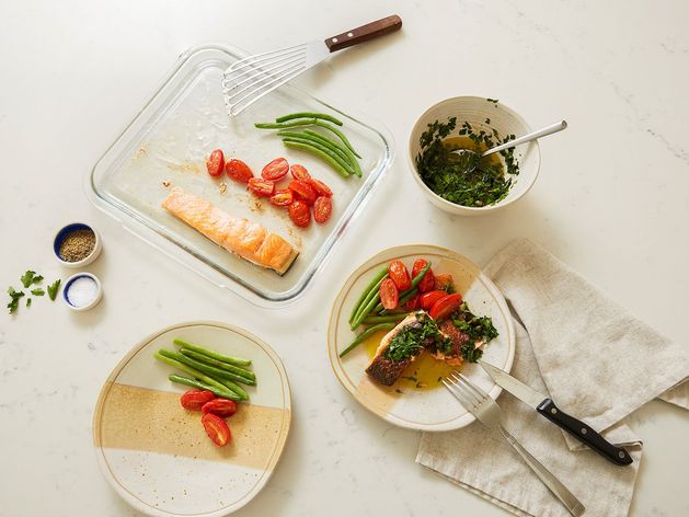 Roasted Salmon, Cherry Tomatoes & Green Beans with Herby Salsa Verde