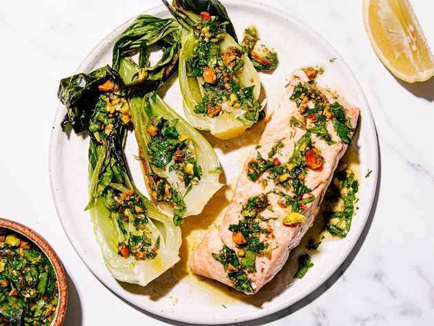 Salmon and Bok Choy with Pistachio Herb Salsa