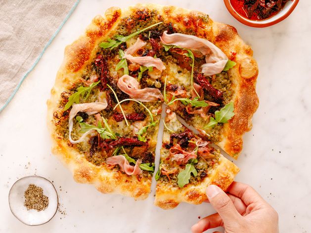 Pesto, Prosciutto, and Sundried Tomato Pizza